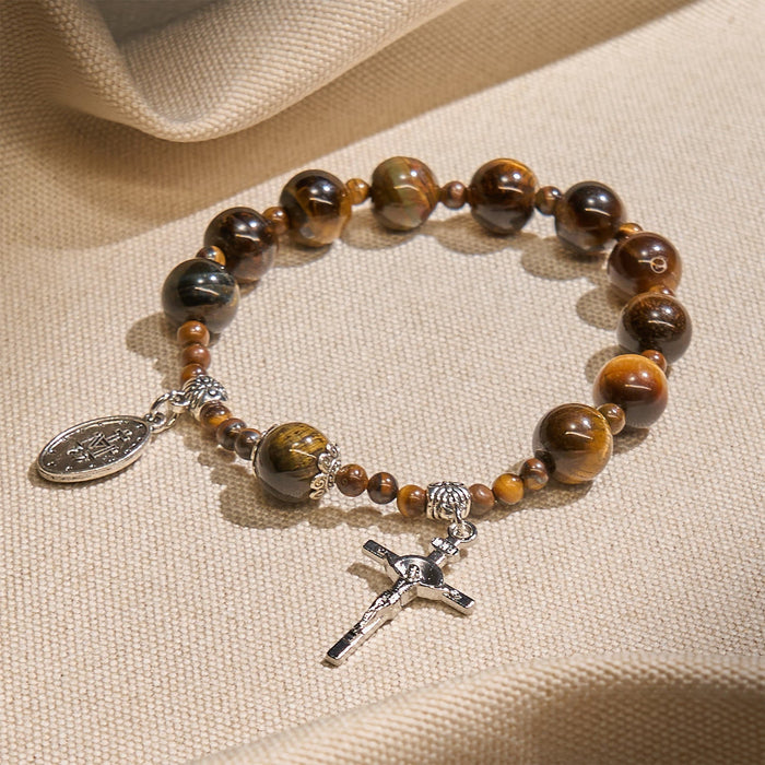 10mm Yellow Tiger's Eye Stone One Decade Rosary Bracelet - The Heavenly