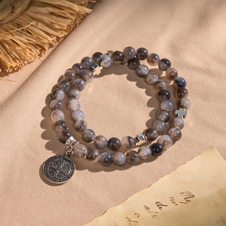 Gray Black Gradient Beads Bracelet Rosary with St. Benedict - The Heavenly