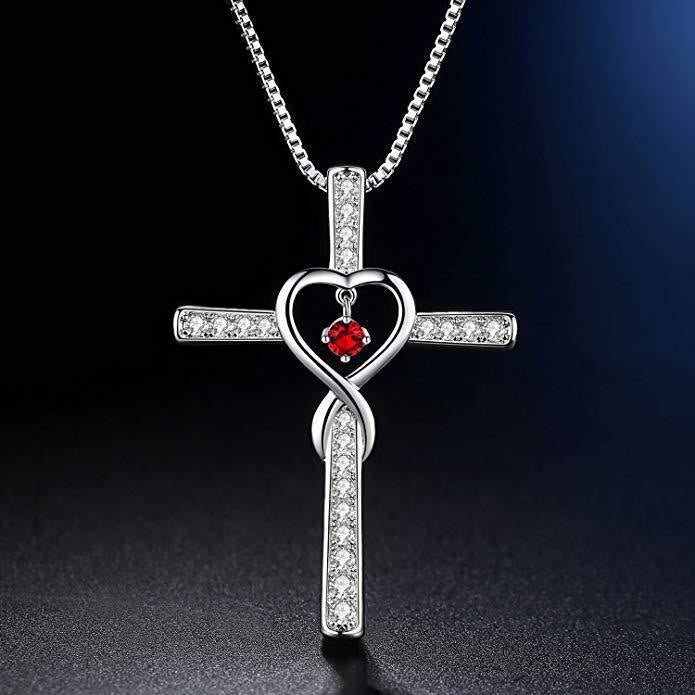 12-Month Birthstone Cross Necklace with Heart Design and Sparkling Accents - The Heavenly