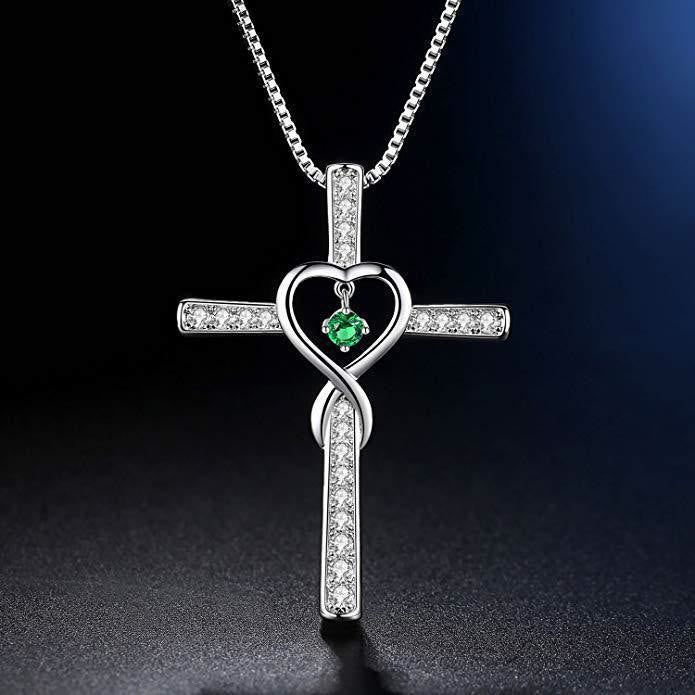 12-Month Birthstone Cross Necklace with Heart Design and Sparkling Accents - The Heavenly