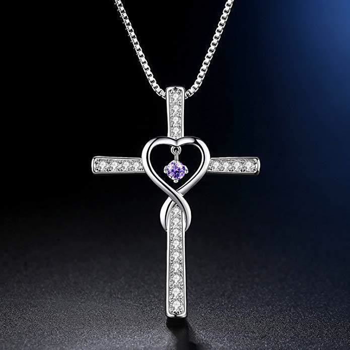 12-Month Birthstone Cross Necklace with Heart Design and Sparkling Accents - The Heavenly
