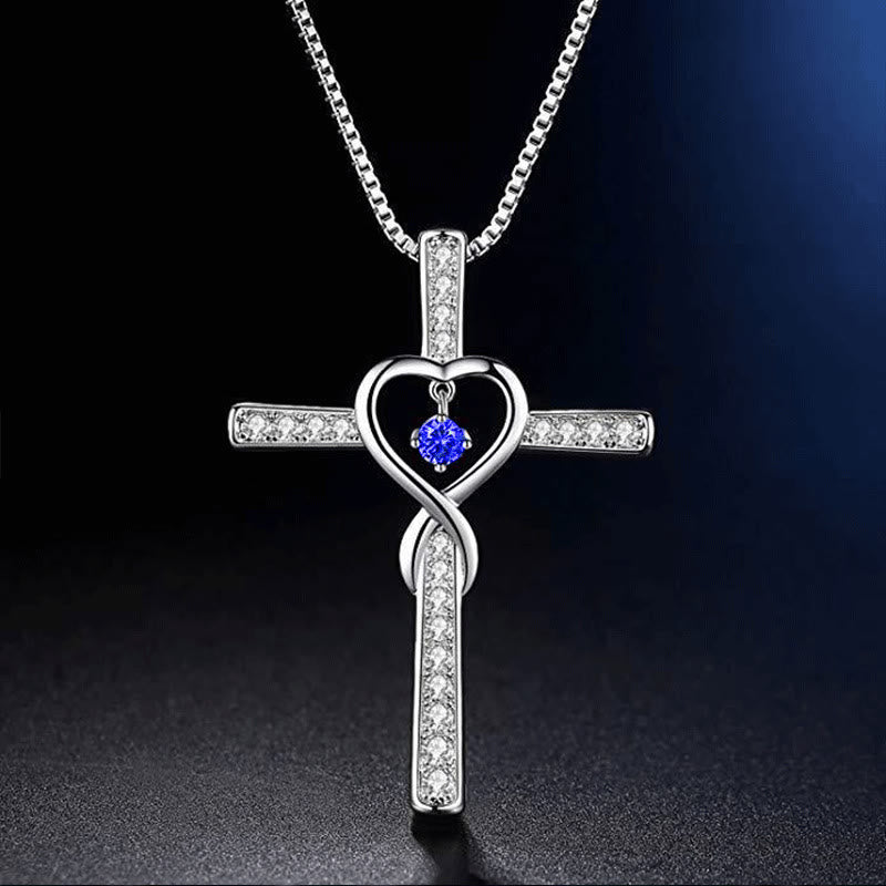 12-Month Birthstone Cross Necklace with Heart Design and Sparkling Accents - The Heavenly