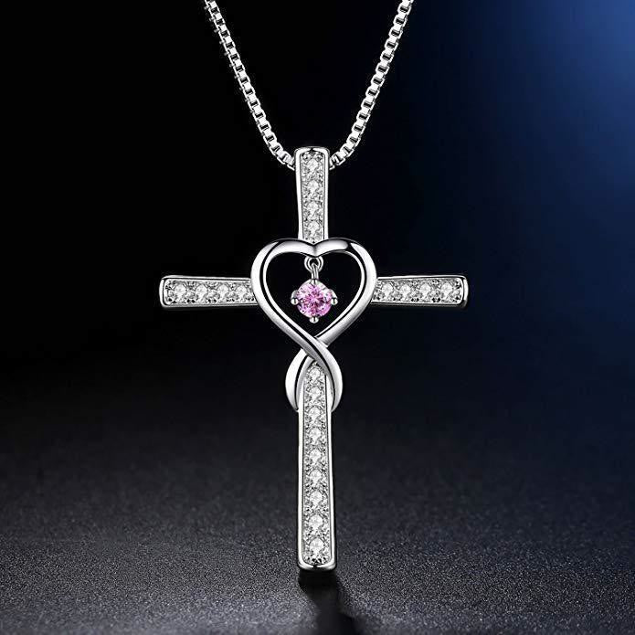 12-Month Birthstone Cross Necklace with Heart Design and Sparkling Accents - The Heavenly