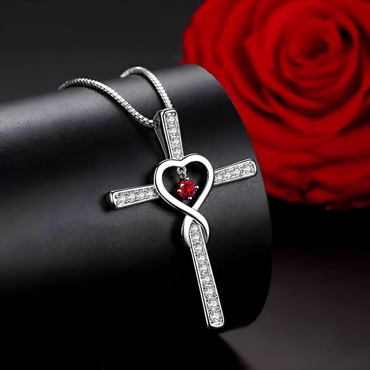 12-Month Birthstone Cross Necklace with Heart Design and Sparkling Accents - The Heavenly