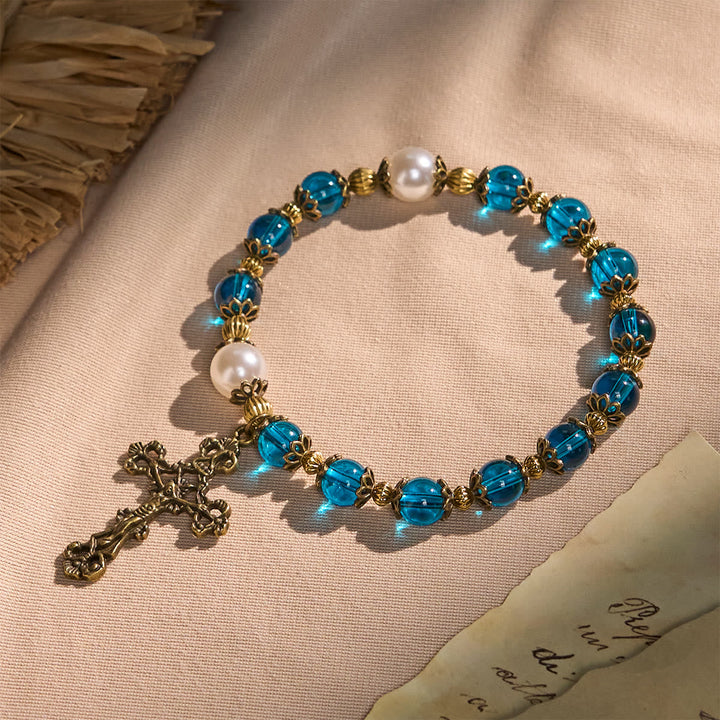 Spiritual Blue Gloss Bead Bracelets Featuring Sacred Brass Crucifix - The Heavenly