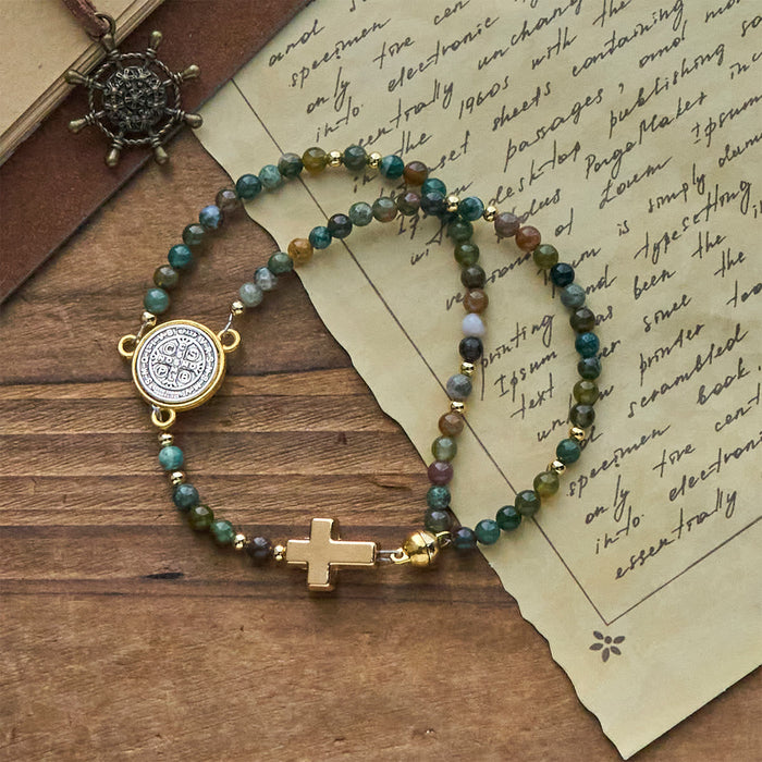 Handmade Earth Tone Rosary Bracelets with Cross & St. Benedict Charm - The Heavenly