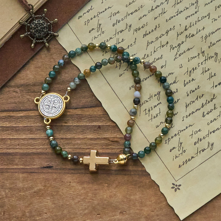 Handmade Earth Tone Rosary Bracelets with Cross & St. Benedict Charm - The Heavenly