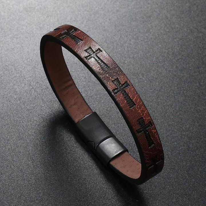Multicolor Leather Magnetic Buckle Bracelet with Cross Motifs - The Heavenly
