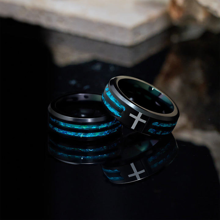 Modern Titanium Steel Cross Ring with Laser Blue Inlay - The Heavenly