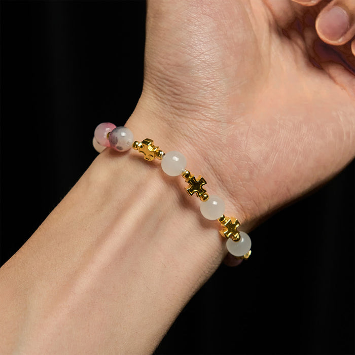 Graceful 8mm Persian Pink & Black Jade Beads Bracelet with Ancient Cross - The Heavenly