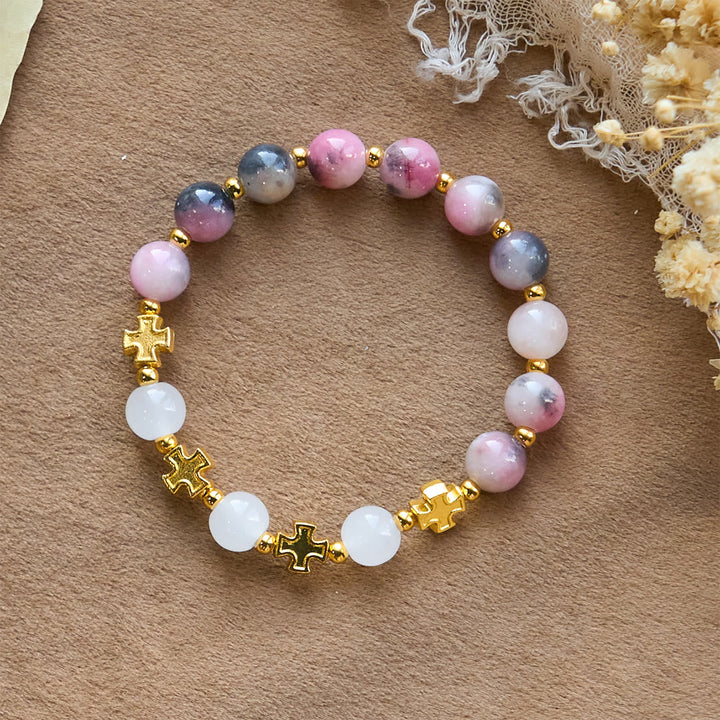 Graceful 8mm Persian Pink & Black Jade Beads Bracelet with Ancient Cross - The Heavenly