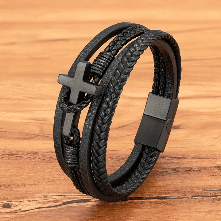 Tri-Color Stainless Steel Cross & Braided Leather Fashion Bracelet - The Heavenly