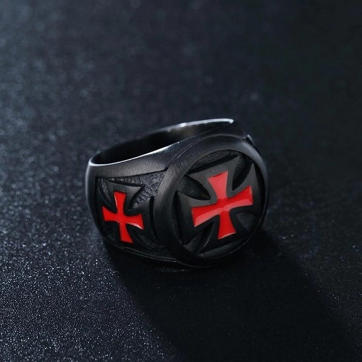 Black & Crimson Faith Armor Templar Cross Signet Ring - The Heavenly