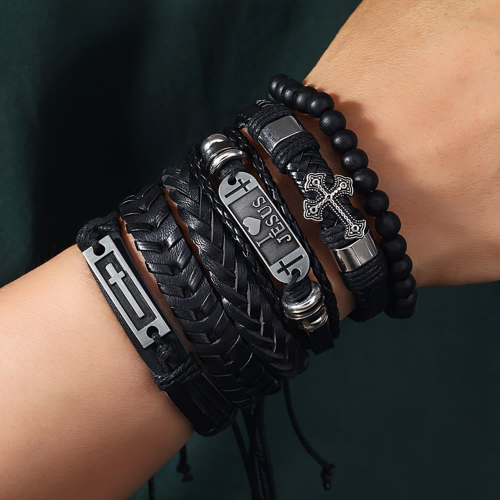 Faith-Driven Leather Bracelet Set of 6 - The Heavenly