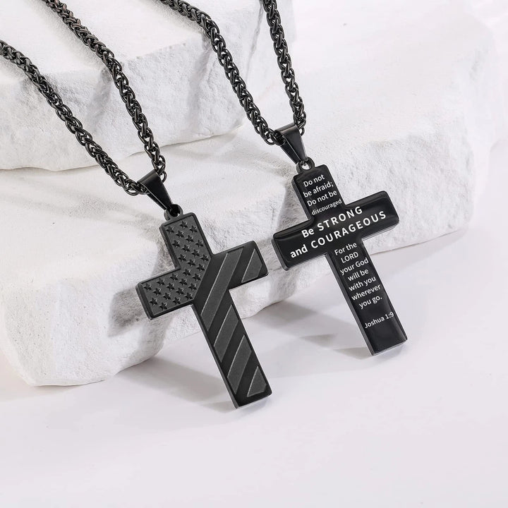 Tri-Color Cross Necklace with American Flag & Scripture - The Heavenly