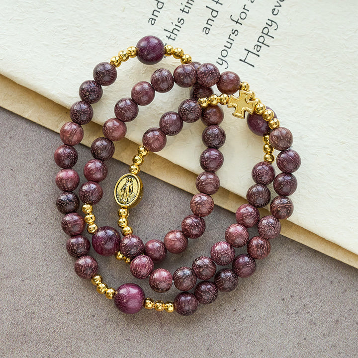 Perilla Wood Multi-Layer Rosary Bracelet with Earthy Beads & Sacred Our Lady - The Heavenly