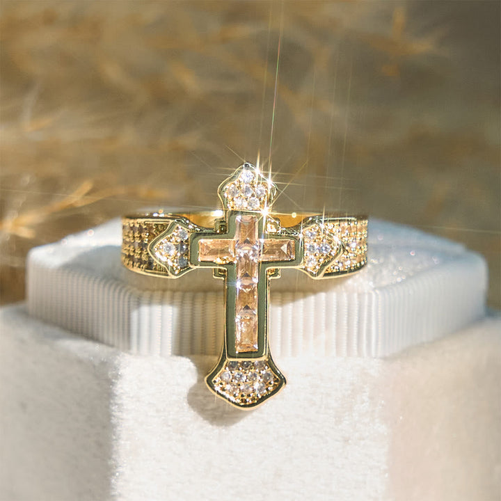 Central Cross Motif Ring with Cubic Zirconia Accents - The Heavenly