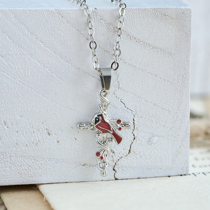 Crafted Cardinal Necklace Cross Pendant Red Bird Necklace - The Heavenly