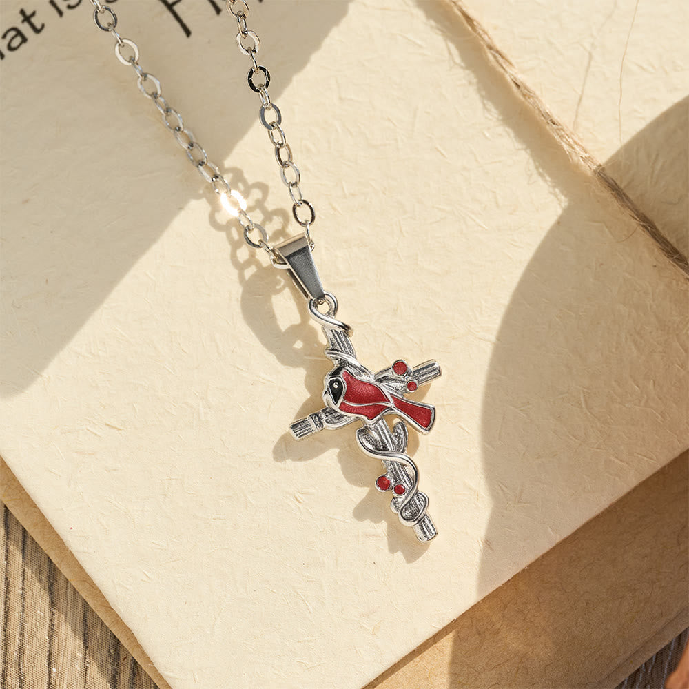 Crafted Cardinal Necklace Cross Pendant Red Bird Necklace - The Heavenly