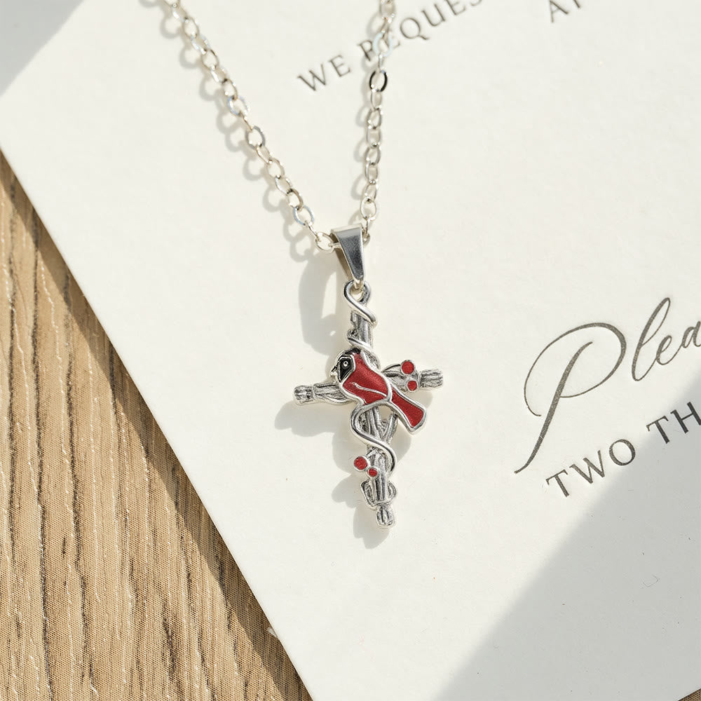 Crafted Cardinal Necklace Cross Pendant Red Bird Necklace - The Heavenly