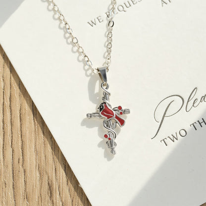 Crafted Cardinal Necklace Cross Pendant Red Bird Necklace - The Heavenly