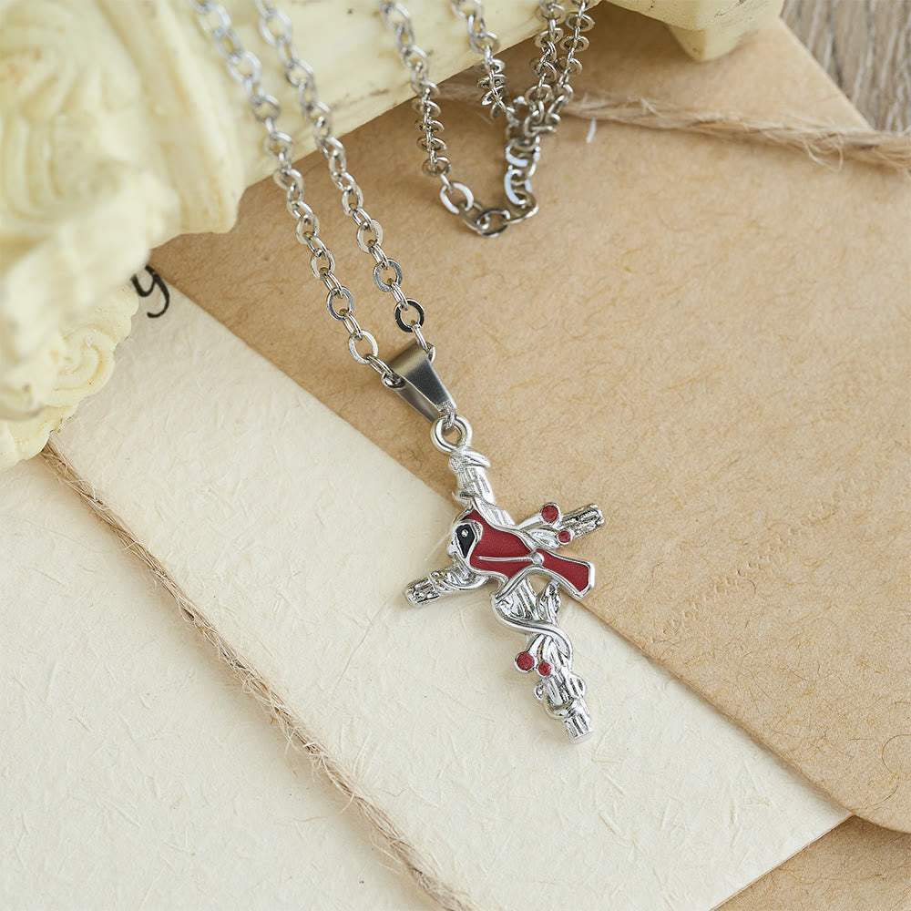 Crafted Cardinal Necklace Cross Pendant Red Bird Necklace - The Heavenly