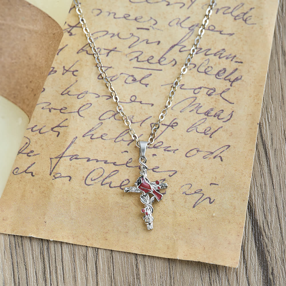 Crafted Cardinal Necklace Cross Pendant Red Bird Necklace - The Heavenly