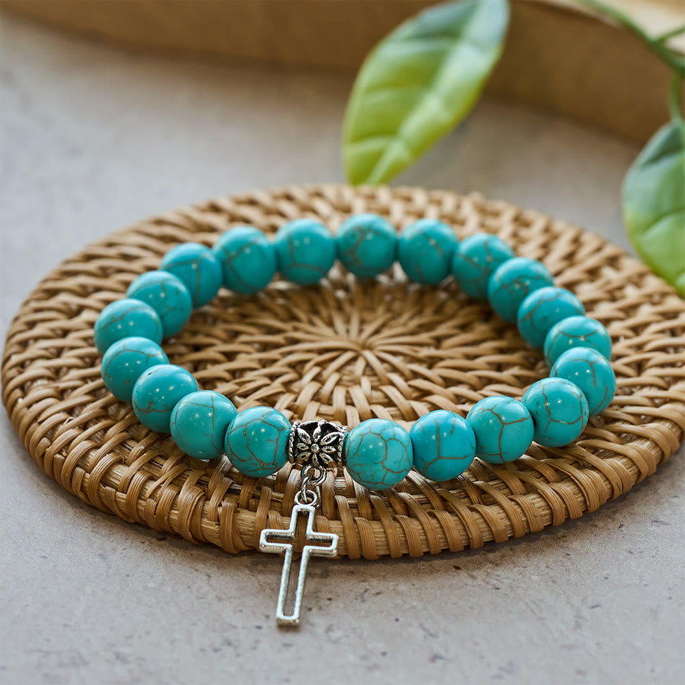 10mm Turquoise Beads Christian Cross Bracelet - The Heavenly