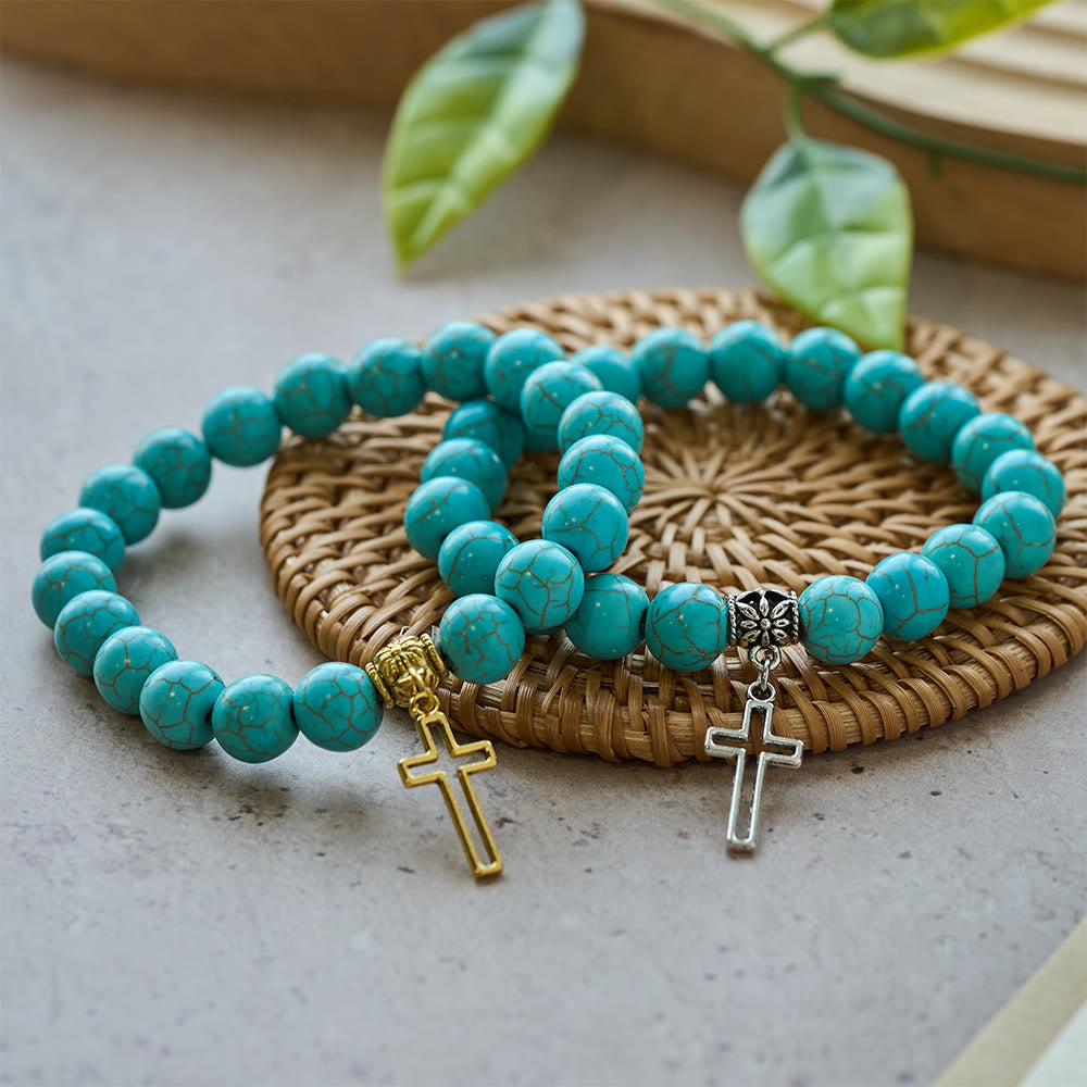 10mm Turquoise Beads Christian Cross Bracelet - The Heavenly