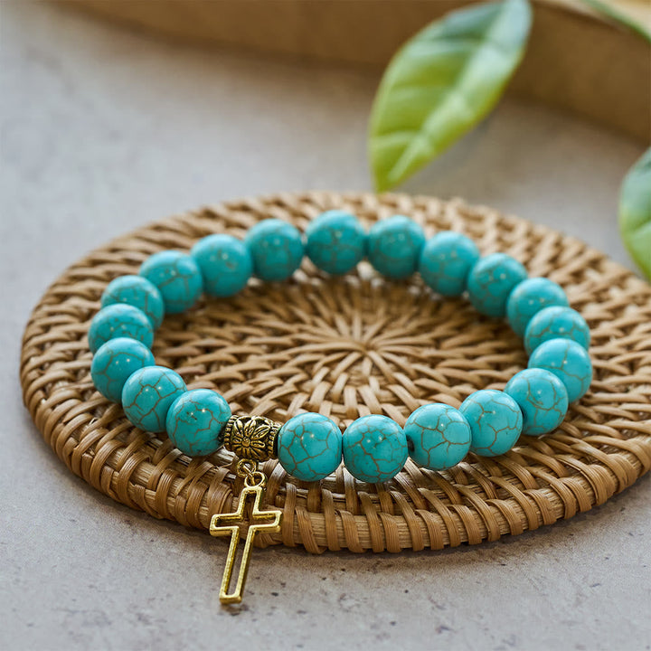 10mm Turquoise Beads Christian Cross Bracelet - The Heavenly