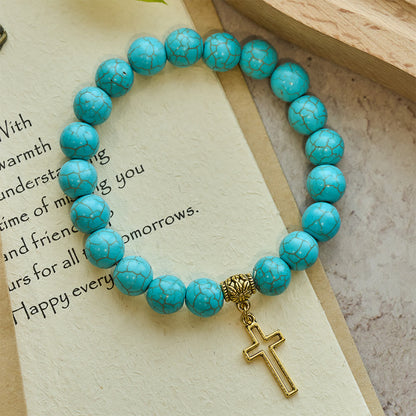 10mm Turquoise Beads Christian Cross Bracelet - The Heavenly