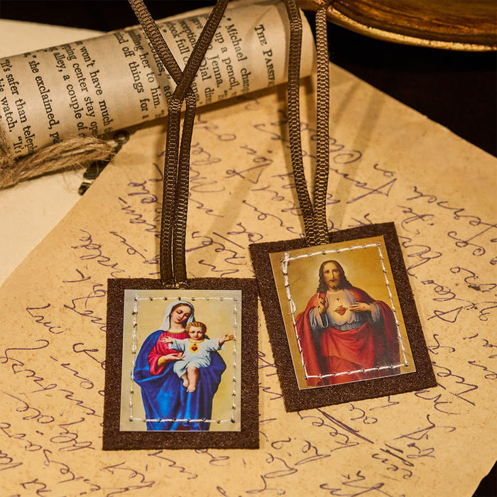 Blessed Brown Wool Scapular of Sacred Heart of Jesus and Virgin Mary - The Heavenly