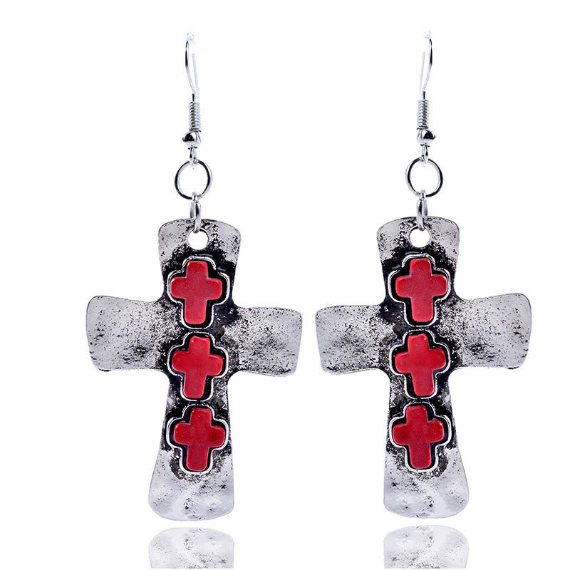 Textured Three-Cross Earrings with Stone Inlays - The Heavenly