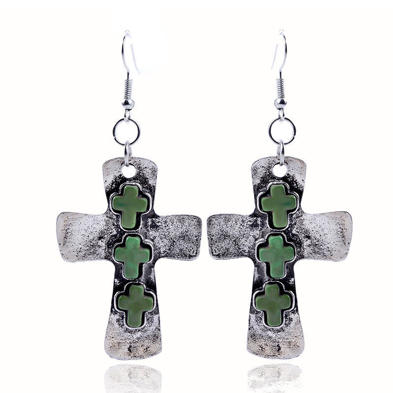Textured Three-Cross Earrings with Stone Inlays - The Heavenly
