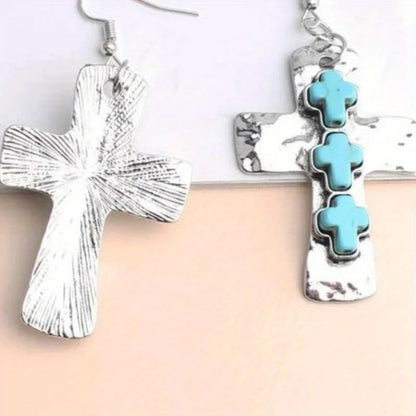 Textured Three-Cross Earrings with Stone Inlays - The Heavenly