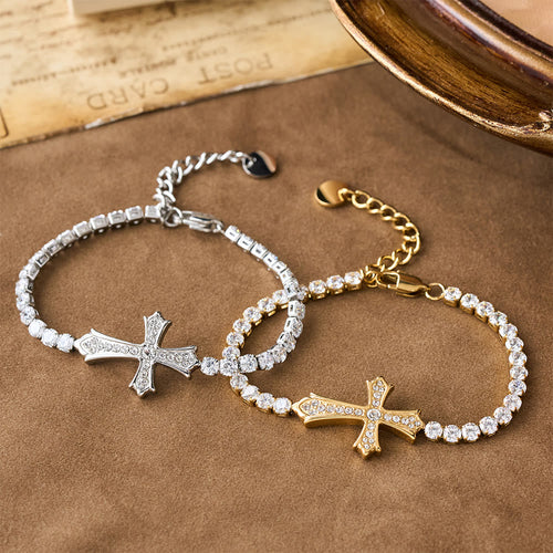 2-Color Elegant Zircon-Encrusted Cross Bracelet - The Heavenly