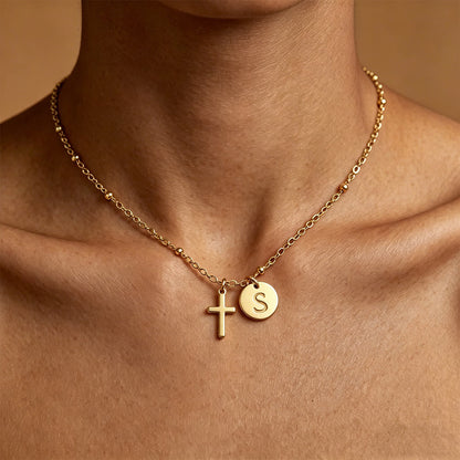 Initial Letter Disc & Cross Pendant Necklace - The Heavenly