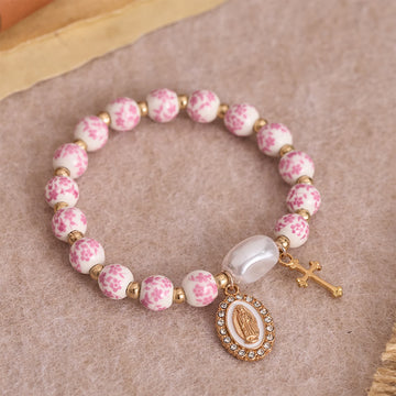 Blue / Pink Floral Ceramic Bead Bracelet with Large White Accent Bead - The Heavenly