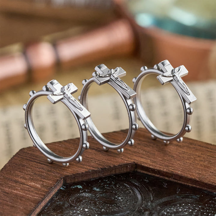 Classic Rosary Ring with Crucifix and Continuous Beaded Prayer Band - The Heavenly