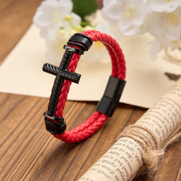 10-Color Braided Leather Cross Bracelet with Embossed Details - The Heavenly