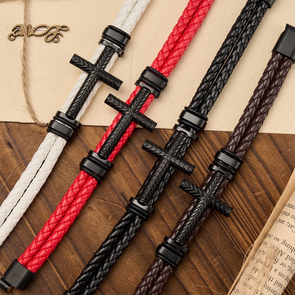 10-Color Braided Leather Cross Bracelet with Embossed Details - The Heavenly