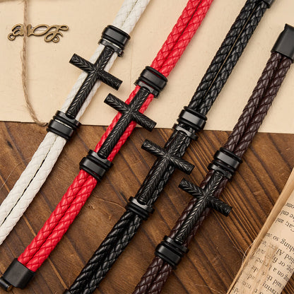 10-Color Braided Leather Cross Bracelet with Embossed Details - The Heavenly