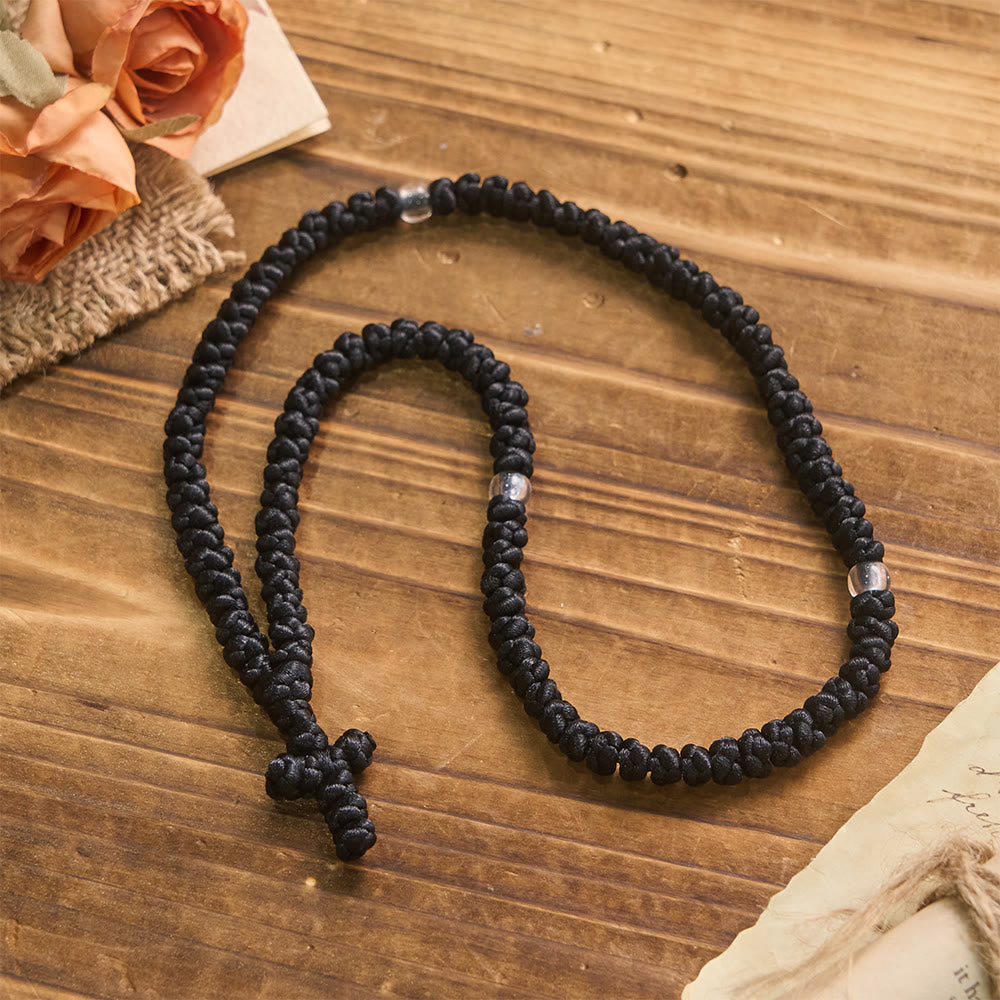Blue & Black Cross 100 Blessing Knots String Necklace - The Heavenly