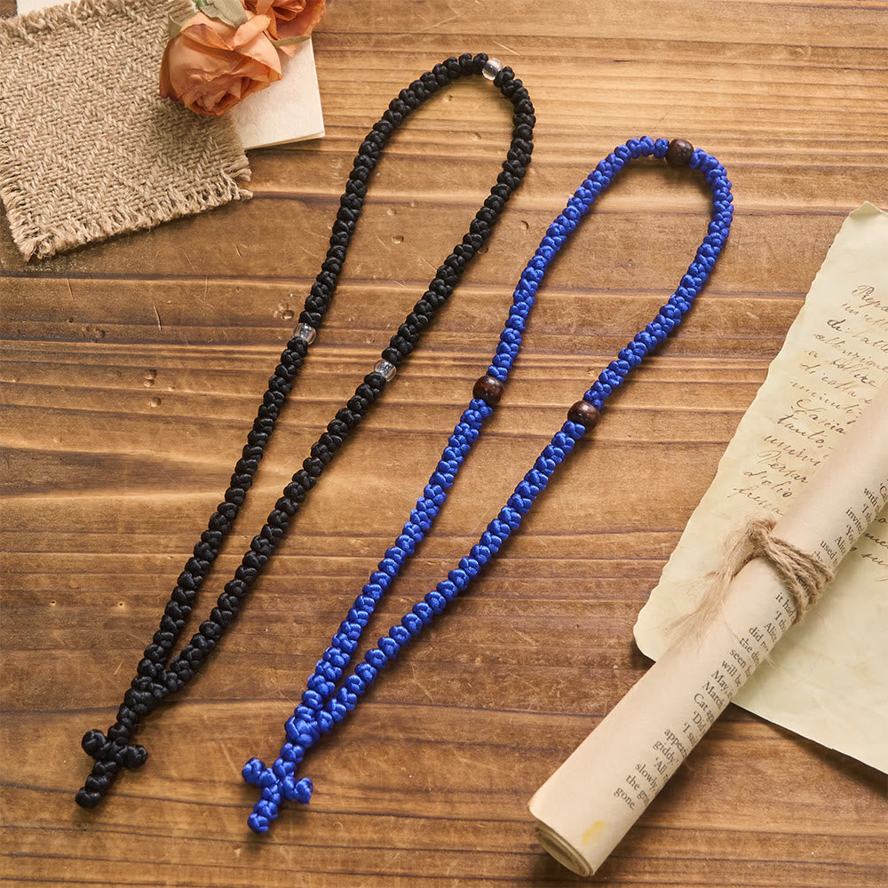 Blue & Black Cross 100 Blessing Knots String Necklace - The Heavenly