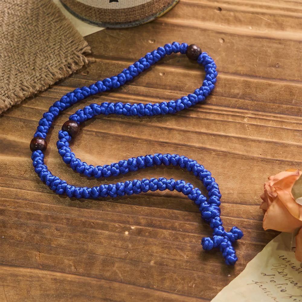 Blue & Black Cross 100 Blessing Knots String Necklace - The Heavenly
