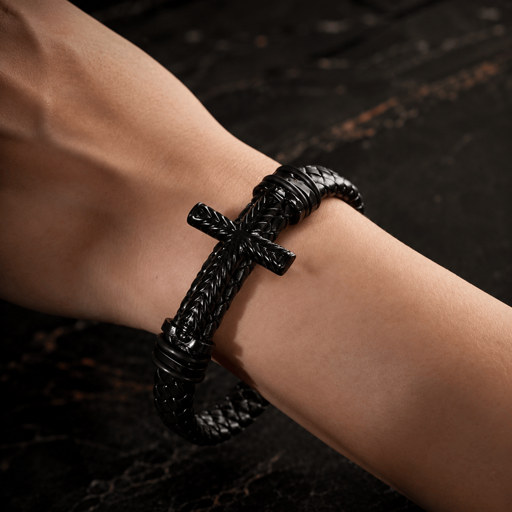 10-Color Braided Leather Cross Bracelet with Embossed Details - The Heavenly