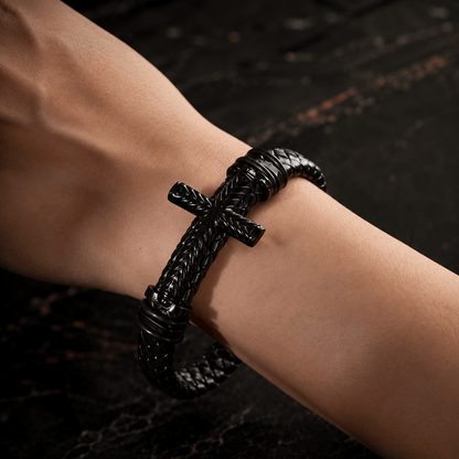 10-Color Braided Leather Cross Bracelet with Embossed Details - The Heavenly