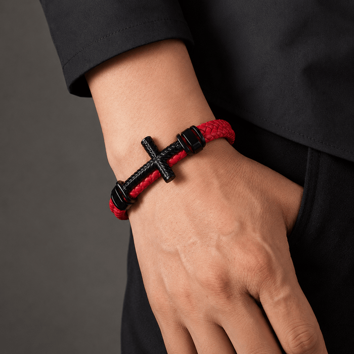 10-Color Braided Leather Cross Bracelet with Embossed Details - The Heavenly