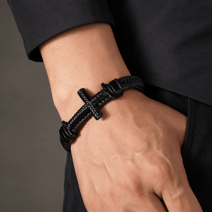 10-Color Braided Leather Cross Bracelet with Embossed Details - The Heavenly