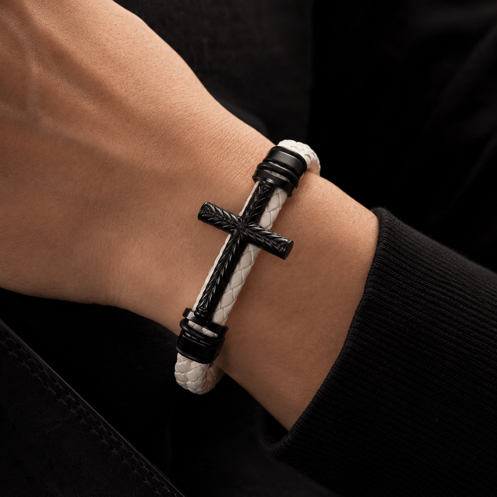 10-Color Braided Leather Cross Bracelet with Embossed Details - The Heavenly